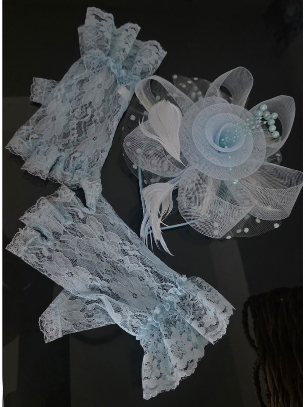 Light Blue Lace Bridal Gloves and Fascinator Set